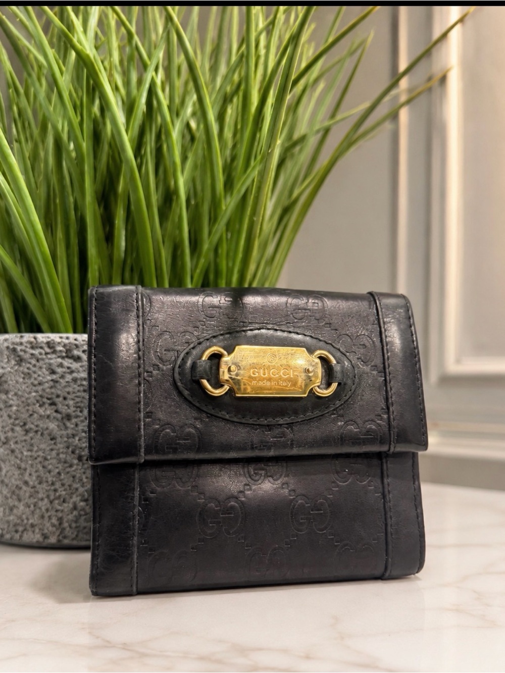 Gucci Black Embossed Leather Compact Wallet with Gold Plate